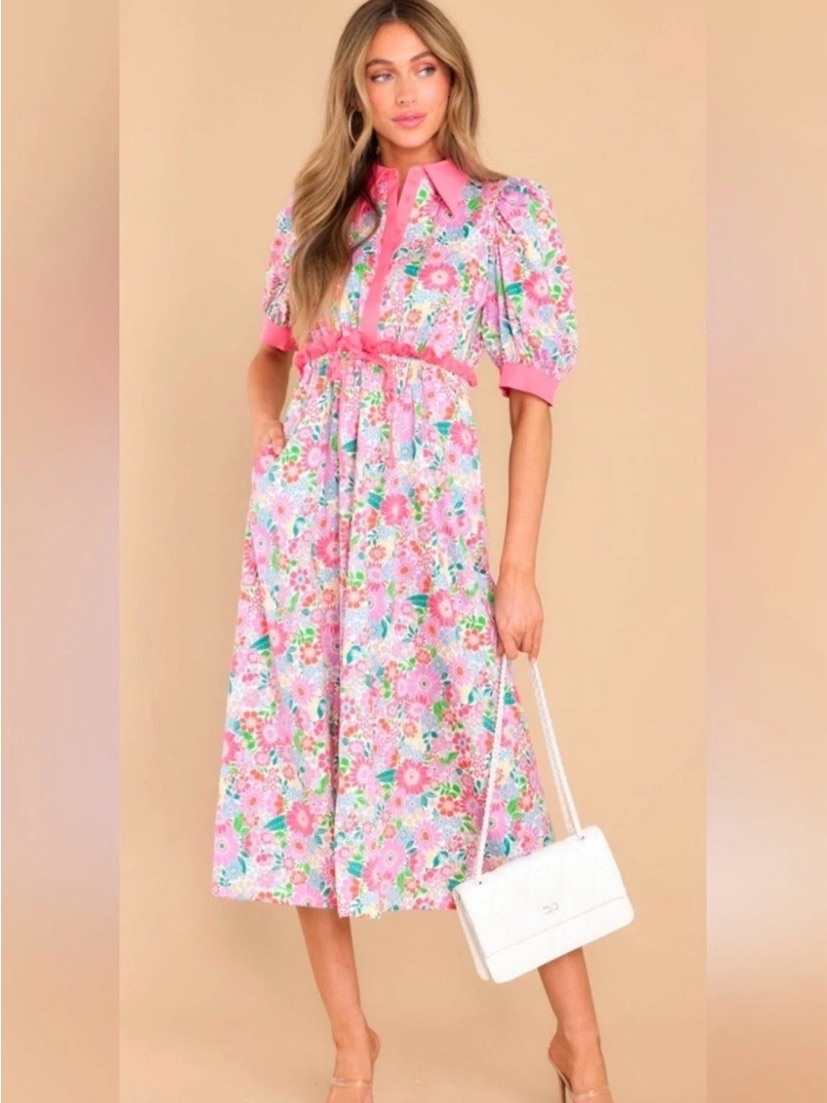 Alden Adair Happy Daze Taylor Midi Dress Pink Floral Print Size Large